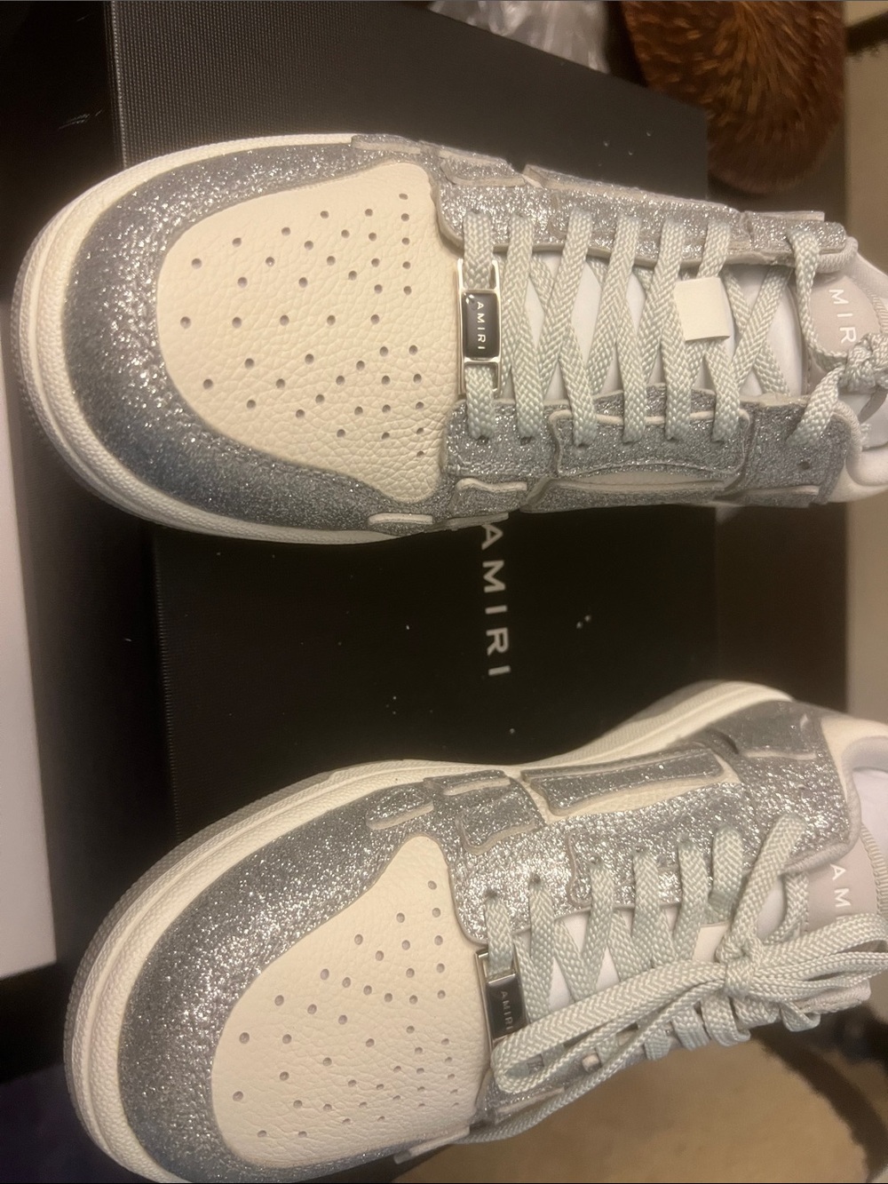 AMIRI Silver Glitter & White Leather Low-Top Sneakers